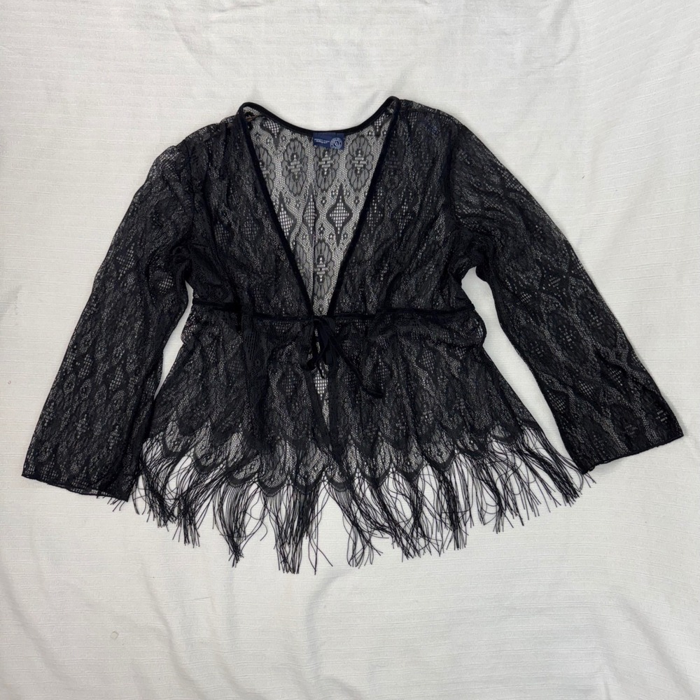 Venezia Jeans Black Lace Fringe Cardigan Sheer Tie Front Y2K Boho Goth